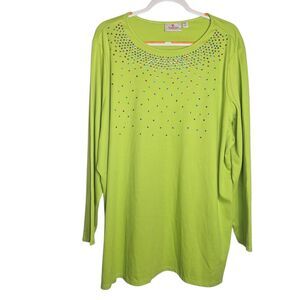 Quaker Factory Womens Embellished Top Lime Green Long Sleeve Cotton Blend 3X